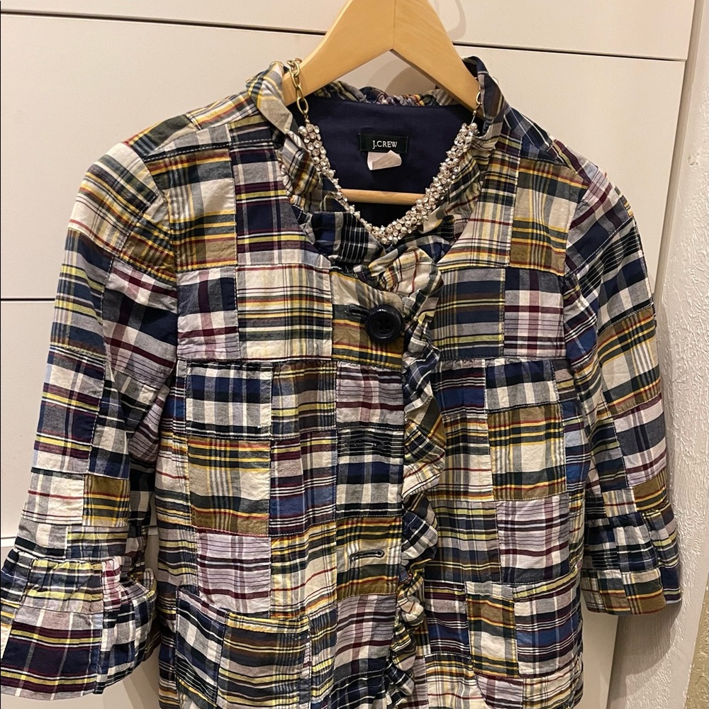 J. Crew Patchwork Madras Button Up Ruffle Jacket … - image 2